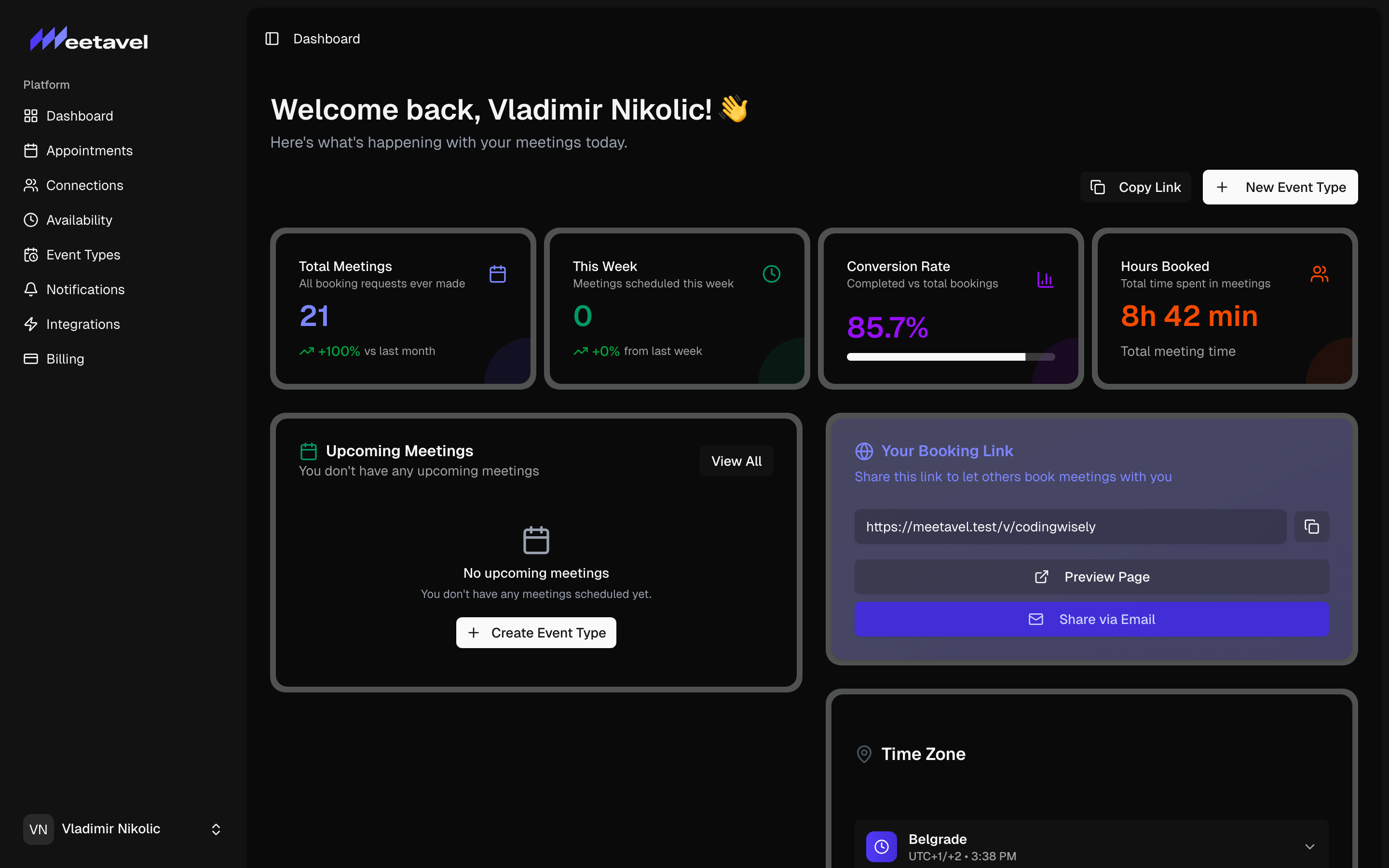Meetavel dashboard with upcoming meetings