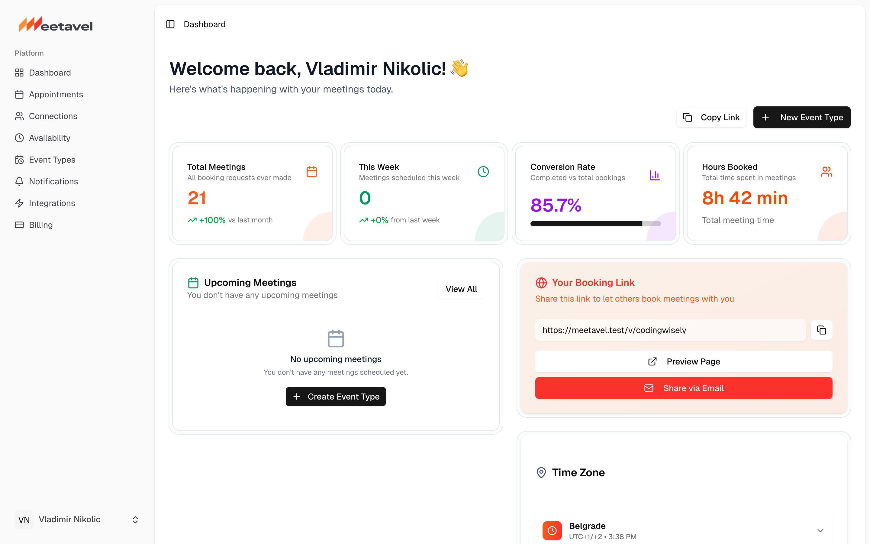 Meetavel dashboard with upcoming meetings